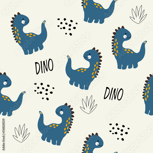 Vector hand drawn seamless pattern with cute dinosaurs. Dino  bushes and dots. Scandinavian style. For decorating a children s wall  wallpaper  clothes and textiles.