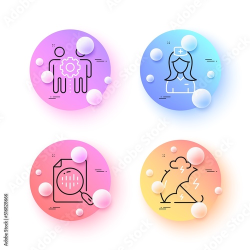 Analytics chart, Employees teamwork and Stress protection minimal line icons. 3d spheres or balls buttons. Hospital nurse icons. For web, application, printing. Vector
