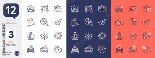 Set of Car leasing, 24 hours and Eu close borders line icons. Include Bus parking, Parcel insurance, Paper plane icons. Lighthouse, Journey, Map web elements. Search flight, Get box. Vector