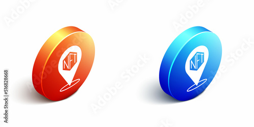 Isometric NFT Digital crypto art icon isolated on white background. Non fungible token. Orange and blue circle button. Vector