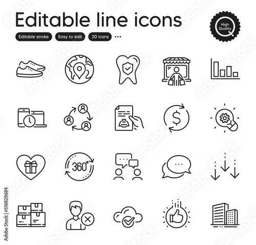 Set of Business outline icons. Contains icons as Technical documentation, Like hand and Buildings elements. Dots message, Shoes, Full rotation web signs. Innovation, Dollar exchange. Vector