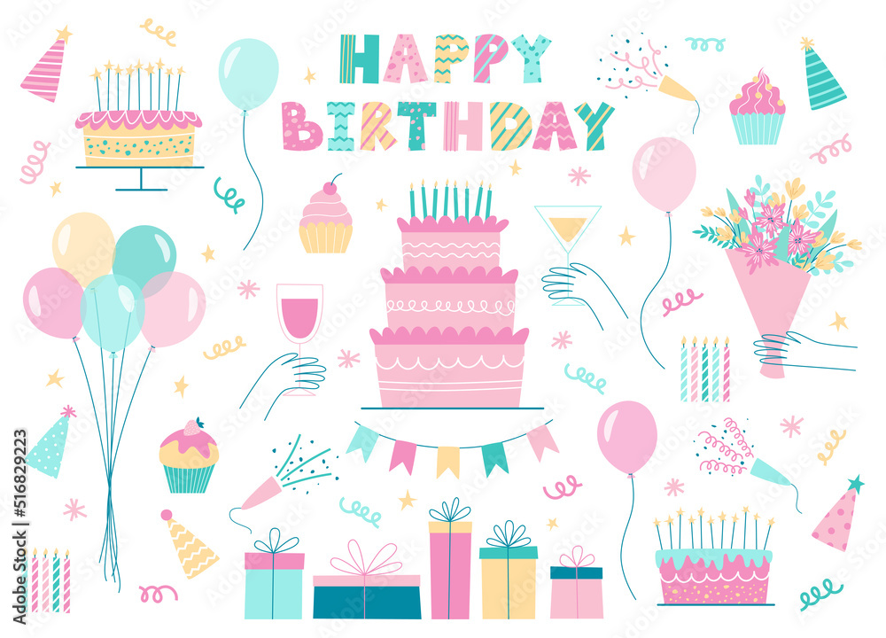 Set of Birthday design elements. Birthday party celebration clipart. Vector holiday pack with bright presents, cakes with candles, balloons, flowers, flags.