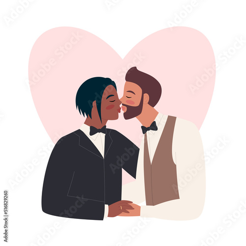 Interracial gay marriage. Two happy men kiss in wedding suits. Homosexual sweetheart couple together. Vector illustration.