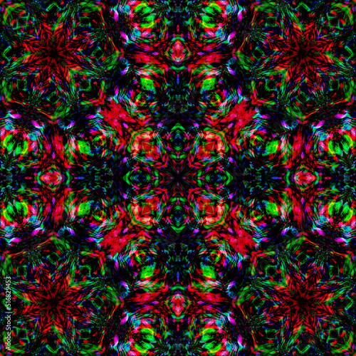 Ornament of multicolor shades. Seamless texture. Centrally symmetrical pattern.