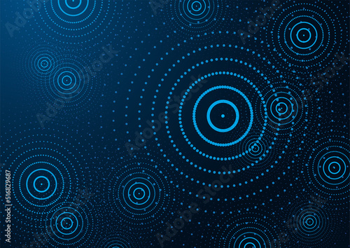 Abstract dark blue backgound with dotted circles, water ripples. Abstract horizontal rings banner