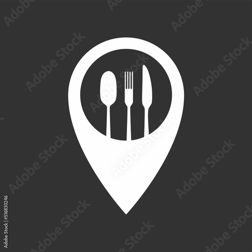 Food destination point. Fast food and take away symbol for location address bar map pointer restaurant, cafe, bistro and diner. Vector stock illustration isolated on black background. 