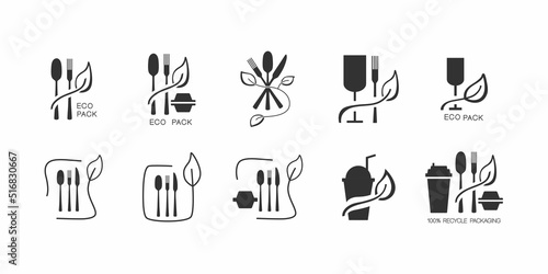 Fast food and take away eco packaging symbol set for restaurant, cafe, bistro and diner. Plastic free and recyclable. Editable stroke. Vector stock illustration isolated on white background. 