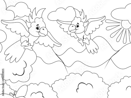 Two parrots are flying in the sky. Vector, page for printable children coloring book. © toricheks