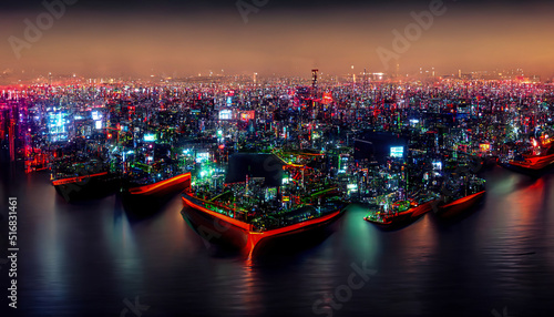 Night neon city, view from above. Night lights of signboards, reflection in the water. Abstract city. 3D illustration.