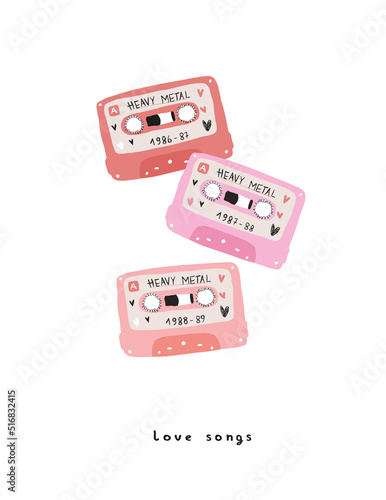 Heavy Metal Love Songs. Funny Hand Drawn Vector Illustration with Red and Pink Cassettes with Metal Songs, isolated od a White Background. Musical Memory of the Eighties on Record Tapes.