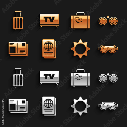 Set Passport, Binoculars, Ski goggles, Sun, with visa stamp, Suitcase, and Smart Tv icon. Vector
