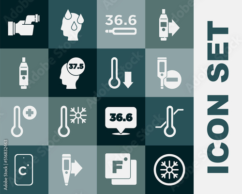 Set Snowflake, Meteorology thermometer, Digital, Medical, High human body temperature, Checking and icon. Vector