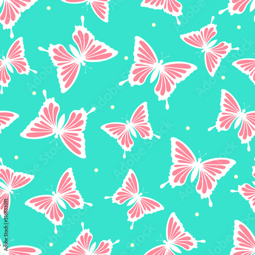White butterflies with pink simple elements, dots on a light turquoise background. Insects. Seamless summer pattern. Suit for packaging, textile.