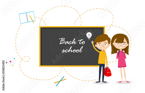 Schoolchildren and blackboard isolated on the white background. Back to school concept. Vector illustration