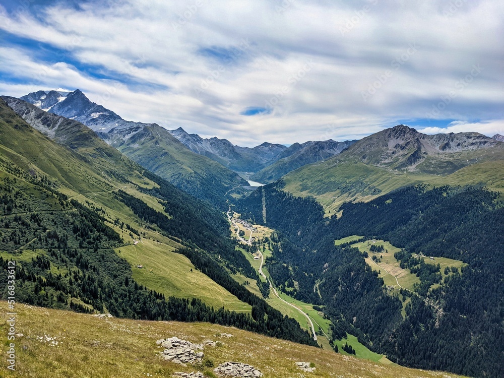 Hike in the direction of the col de mille with a view of the Val d'Entremont. Discover Switzerland. Swiss Alps. High quality photo
