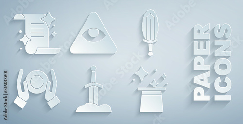 Set Sword in the stone, Magic sword fire, ball hand, hat, Masons and Ancient magic book icon. Vector