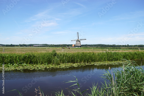 Old Dutch thatched windmill (1897) called Philisteinse molen. Meadows, Canal called Ringvaart of the Bergermeer near the village of Bergen in summer. July, Netherlands.