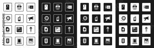 Set Photo and video shooting, Light meter, Film reel, Backstage, Megaphone, VFX, Microphone and MP4 file document icon. Vector