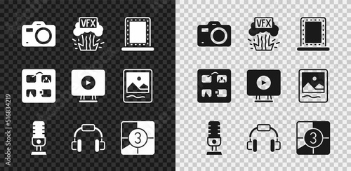 Set Photo camera, VFX, Makeup mirror with lights, Microphone, Headphones, Old film movie countdown frame, Storyboard and Online play video icon. Vector