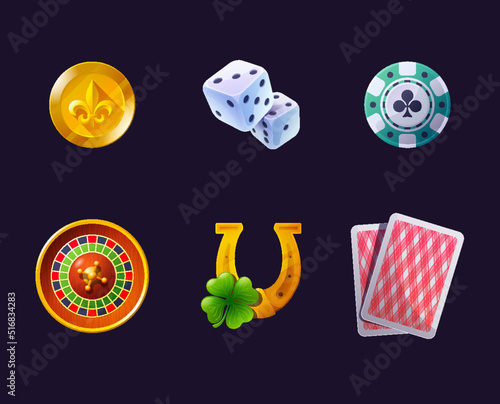 Casino equipment symbols accessories.Vector gambling design with poker cards and dices, roulette wheel and playing chips.Patricks day, lucky talisman. Golden horse shoes, four-leaf shamrock clover.