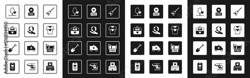 Set Mop, Hand holding Earth globe, Donation charity, Volunteer team planting trees, Clothes donation, Location with heart, Free overnight stay house and Shovel icon. Vector