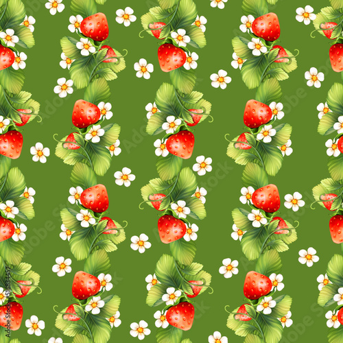 Strawberry background with flowers, wild berries, leaves. Seamless pattern