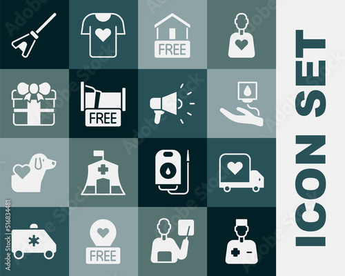 Set Male doctor, Delivery truck with heart, Blood donation, Free home delivery, overnight stay house, Gift box, Mop and Megaphone icon. Vector