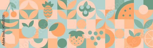 Fruits - geometric shapes, abstract minimalistic organic food banner with brutalistic shapes and simple circles and quads. Template for textiles or packaging.