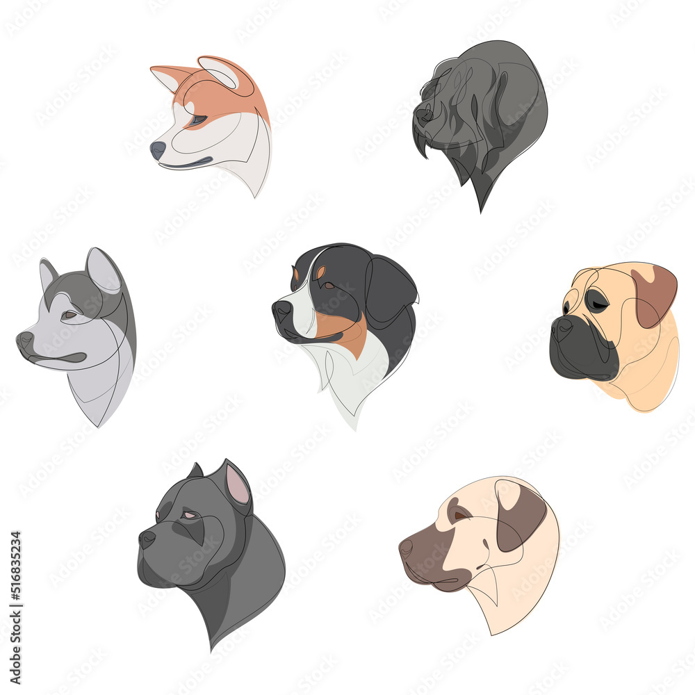 Fototapeta premium Breeds of dogs drawn in minimalist style set. One line dogs. Vector illustration.