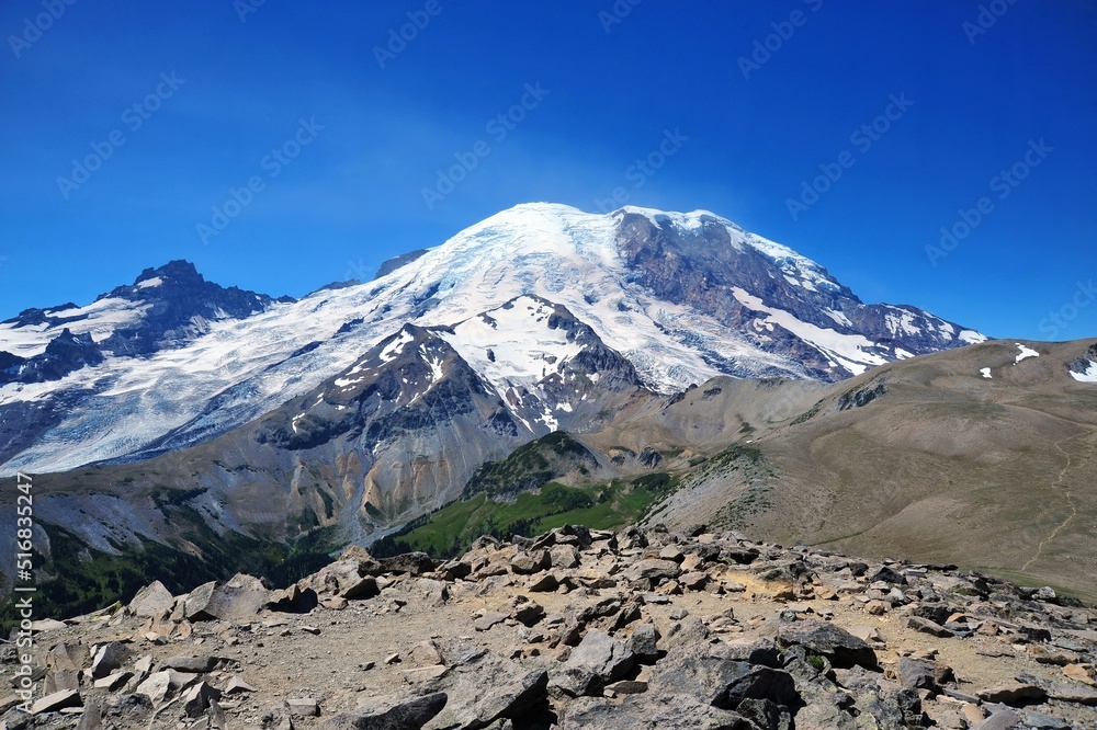 Mount Rainier viewed from atop 7,800-foot Burroughs Mountain in Washington State.