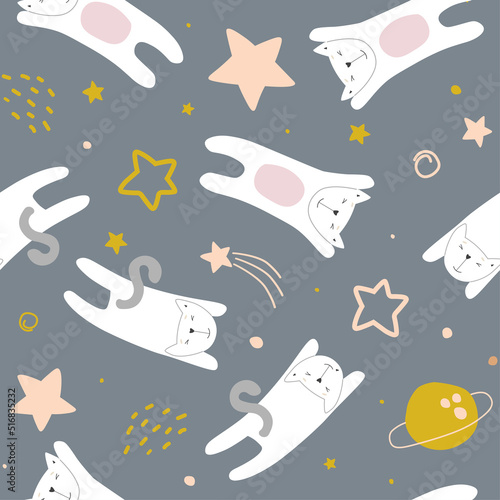 Seamless pattern with a starry sky, planets and flying cats. Cute children's abstract print with space animals. Vector graphics.