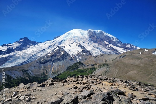 Mount Rainier viewed from atop 7,800-foot Burroughs Mountain in Washington State. photo
