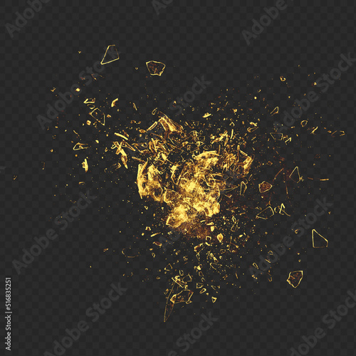 Realistic explosion gold shards powder dust.