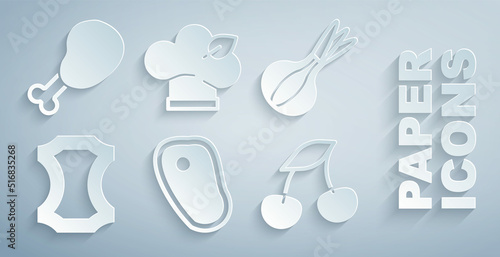 Set Steak meat, Onion, Leather, Fresh berries, Vegan food diet and Chicken leg icon. Vector
