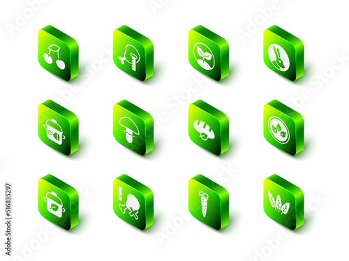 Set Genetically modified chicken, Sprout, Rabbit, Vegan food diet, Leaf, bread loaf, Carrot and No leg icon. Vector