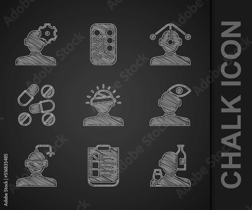 Set Concussion, headache, Psychological test, Alcoholism, Solution problem in psychology, Medicine pill or tablet, Hypnosis and icon. Vector