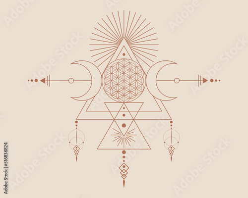 Valokuva Triple Goddess and Flower of Life, Sacred Geometry, tribal triangles, moon phases in Shaman boho style