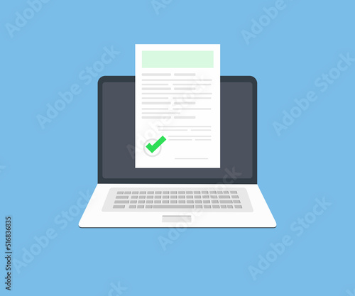 Online digital document inspection or assessment evaluation on laptop computer logo design. Contract review, analysis, inspection of agreement contract, verification vector design and illustration.