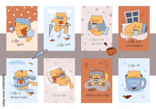 Cute and funny cat with coffee in various situations. A set of postcards.