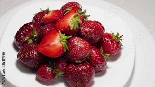Juicy Ripe Strawberries, Decorated With Cut In Half Strawberries, Summer Berries. The Concept Of Healthy Food