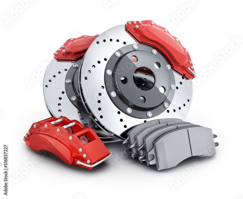 Car brake disc and pads on white background
