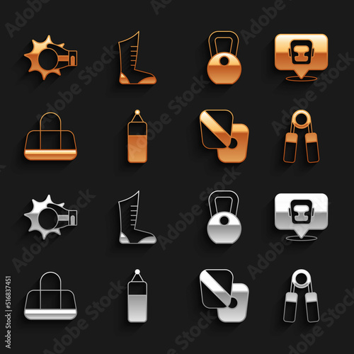 Set Punching bag, Boxing helmet, Sport expander, training paws, Weight, boxing glove and shoes icon. Vector