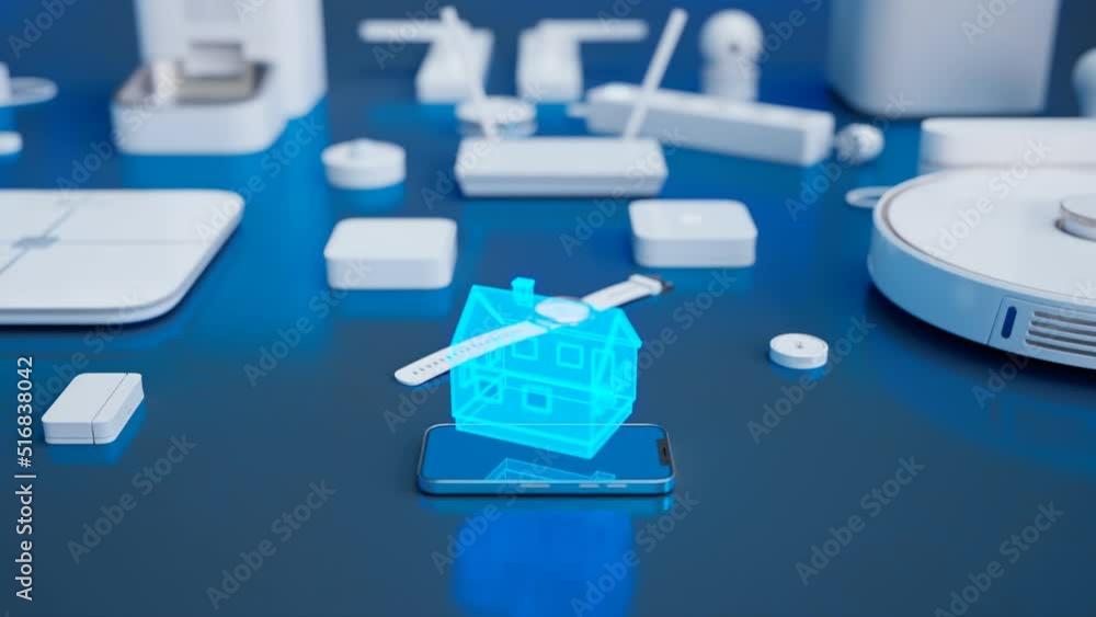 Symbol of modern home technology. The blue virtual house above the smartphone. Symbol of modern home technology. The blue virtual house above the smartphone.