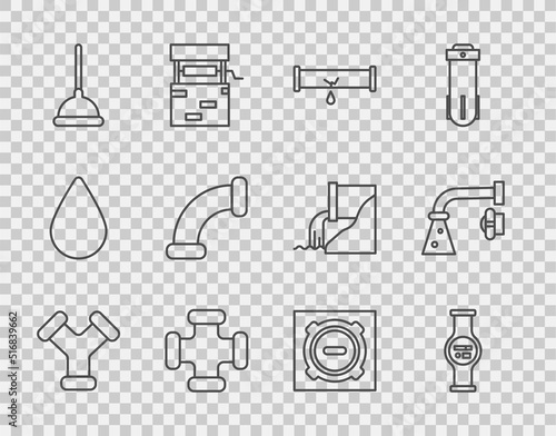 Set line Industry metallic pipe, Water meter, Broken with leaking water, Rubber plunger, Manhole sewer cover and tap icon. Vector