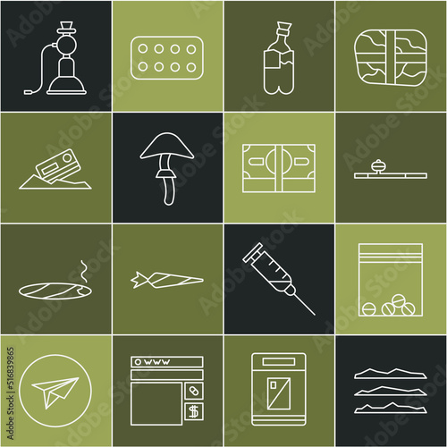 Set line Cocaine or heroin drug, Plastic bag of, Opium pipe, Bong for smoking marijuana, Psilocybin mushroom, and credit card, Hookah and Stacks paper money cash icon. Vector