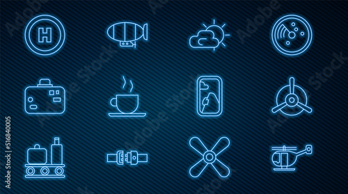 Set line Helicopter, Plane propeller, Sun and cloud weather, Coffee cup, Suitcase, landing pad, Airplane window and Airship icon. Vector
