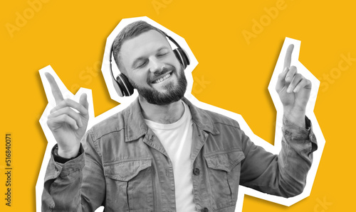 Happy guy using wireless headset, dancing and singing, collage