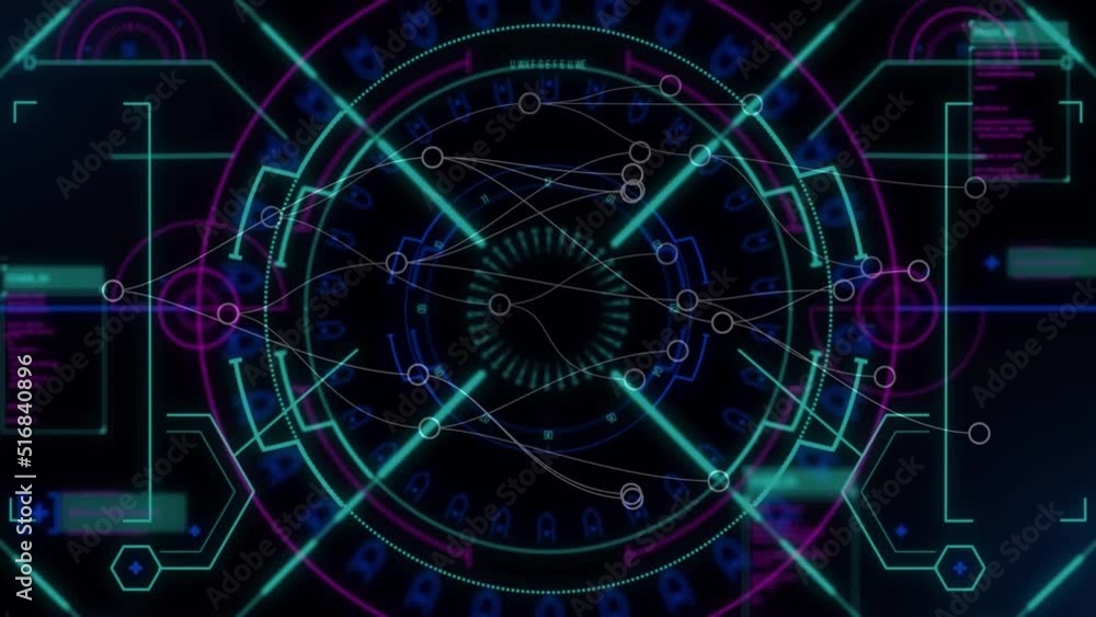 Animation of network of connections and scope scanning with data processing on black background Animation of network of connections and scope scanning with data processing on black background
