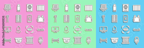 Set line Lock and key, Flasher siren, Bulletproof vest, Passport, Server, Data, Web Hosting, Watch tower, Paper shredder and Mobile with closed padlock icon. Vector