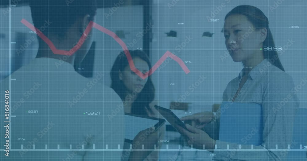 Animation of financial data processing over diverse business people in office Animation of financial data processing over diverse business people in office